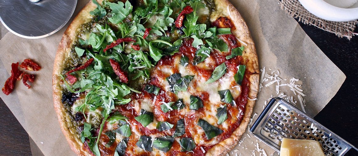 Spinach Pesto Pizza Topped with Goat Cheese